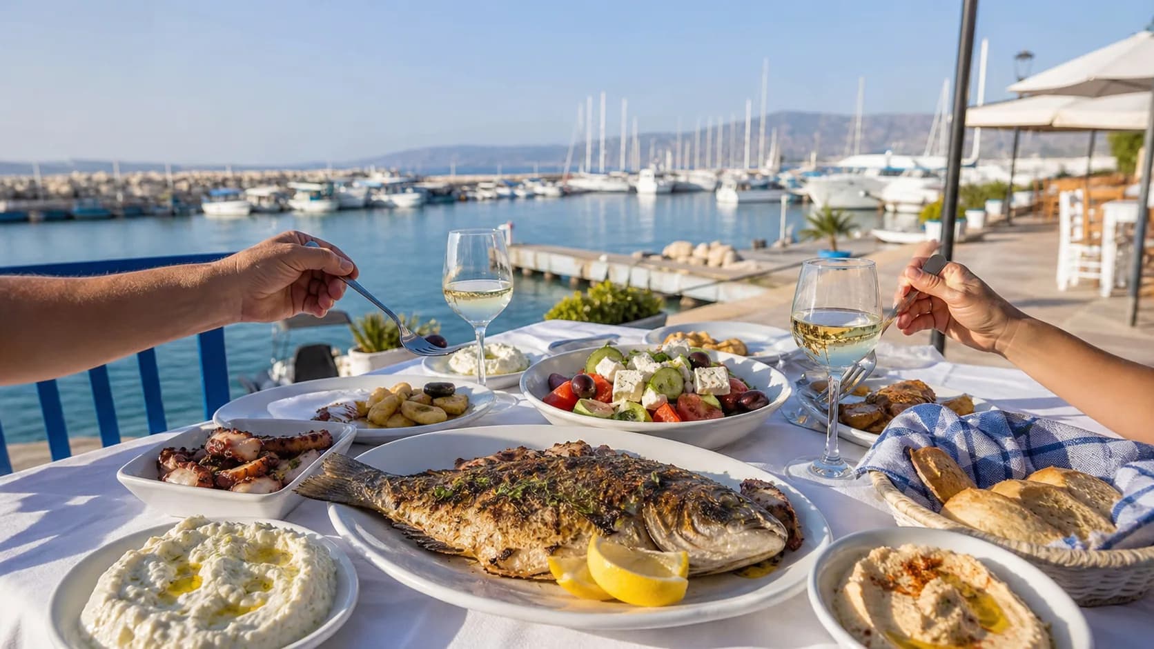 Tafel met vis en meze aan het haventje van Latchi op Cyprus