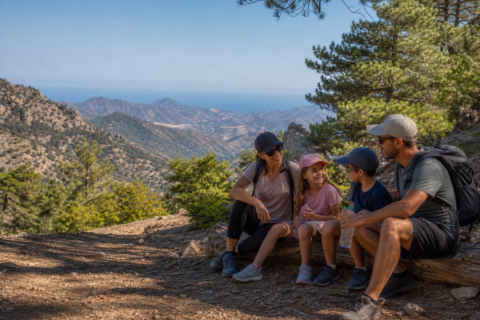 Family rests during a walk overlooking the Troodos Mountains in Cyprus
