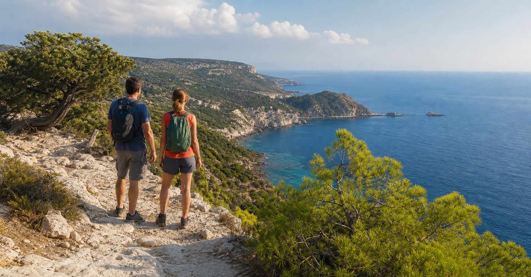 Two walkers looking across the rugged Akamas coast from the Aphrodite Trail